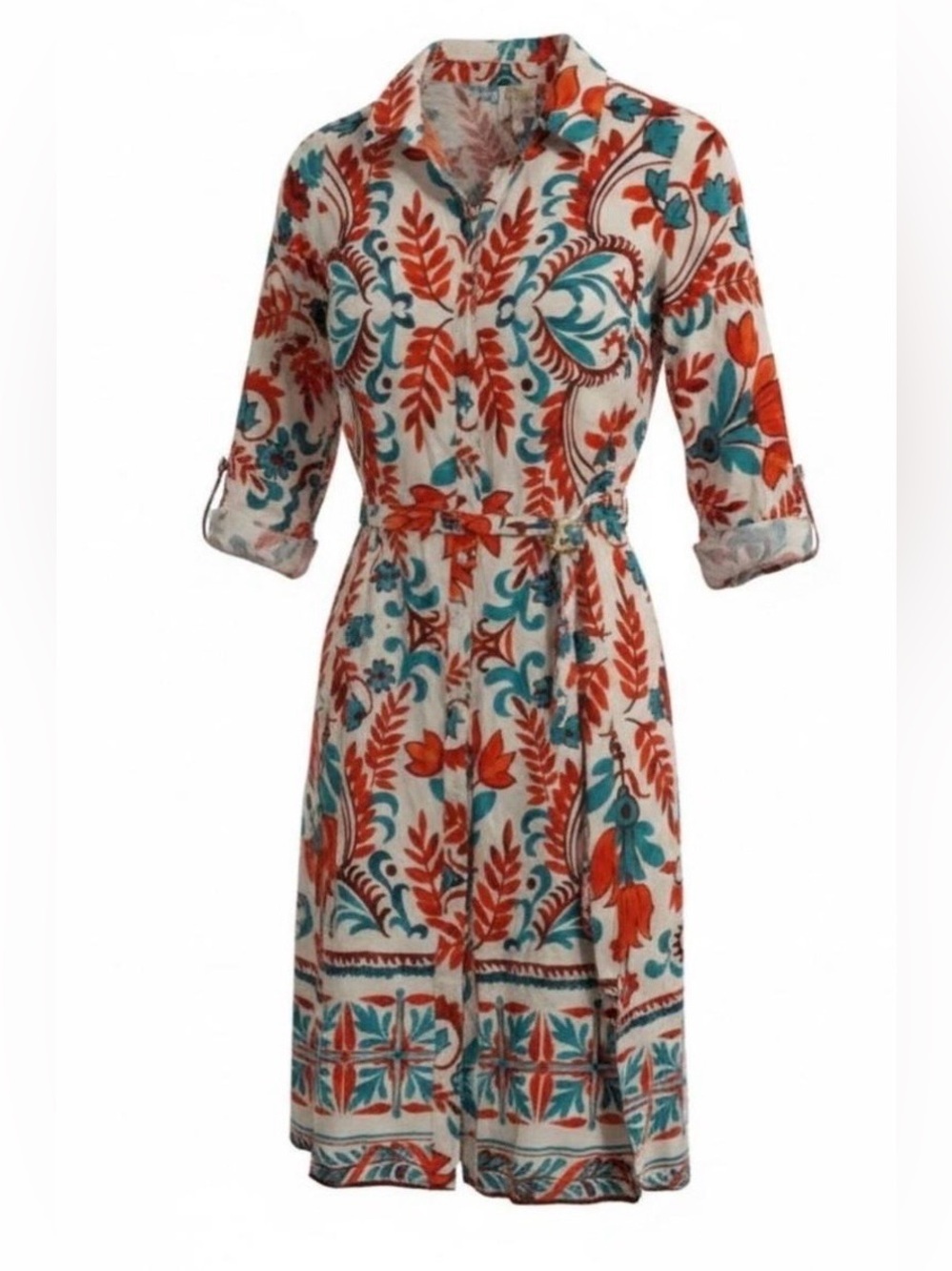 fig and flower
Cream Midi Shirt Dress with Coral & Teal Floral Print
